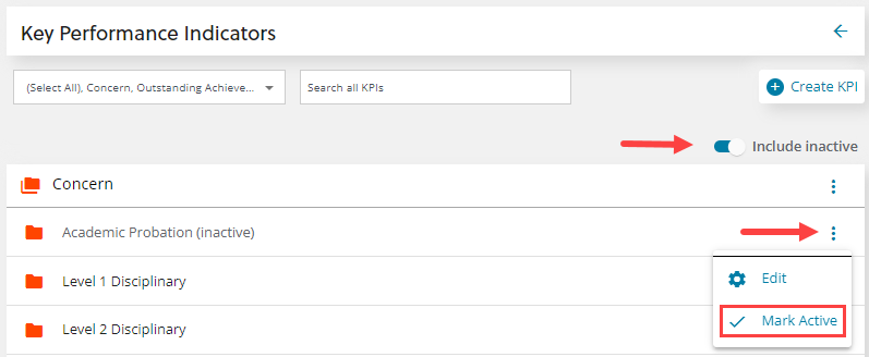 KPI page wih incluce inactive, menu and mark as active buttons highlighted